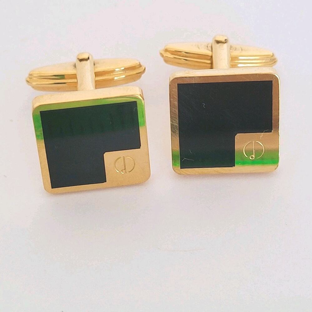 Dunhill D Cufflinks Gold Onyx Black Tone Logo Square Designer Logo Vintage Retro